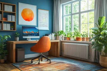 Poster - A home office bathed in sunlight featuring a wooden desk comfortable chair and various plants adding to the calming atmosphere