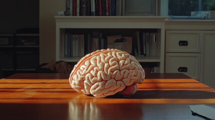 Aufkleber - A close-up of a human brain model on a wooden desk, illuminated by soft natural light, highlighting the intricate folds and details of its surface