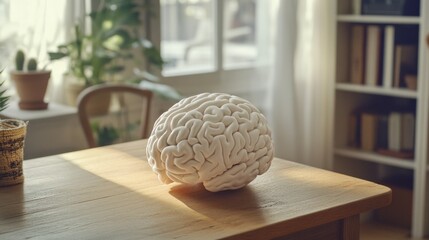 Aufkleber - A close-up of a human brain model on a wooden desk, illuminated by soft natural light, highlighting the intricate folds and details of its surface