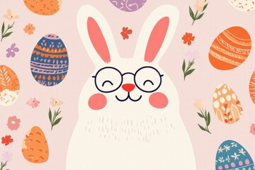 Wall Mural - Cute smiling bunny with glasses surrounded by decorated Easter eggs and flowers on a pastel pink background, perfect for Easter celebrations and children s themes