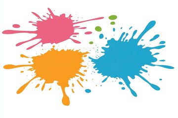 Poster - Vibrant splashes of pink, orange, and blue paint on a white background, perfect for creative designs and artistic projects.
