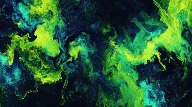 An abstract design of neon green and blue glowing waves set against a black background, blending subtle yellow accents