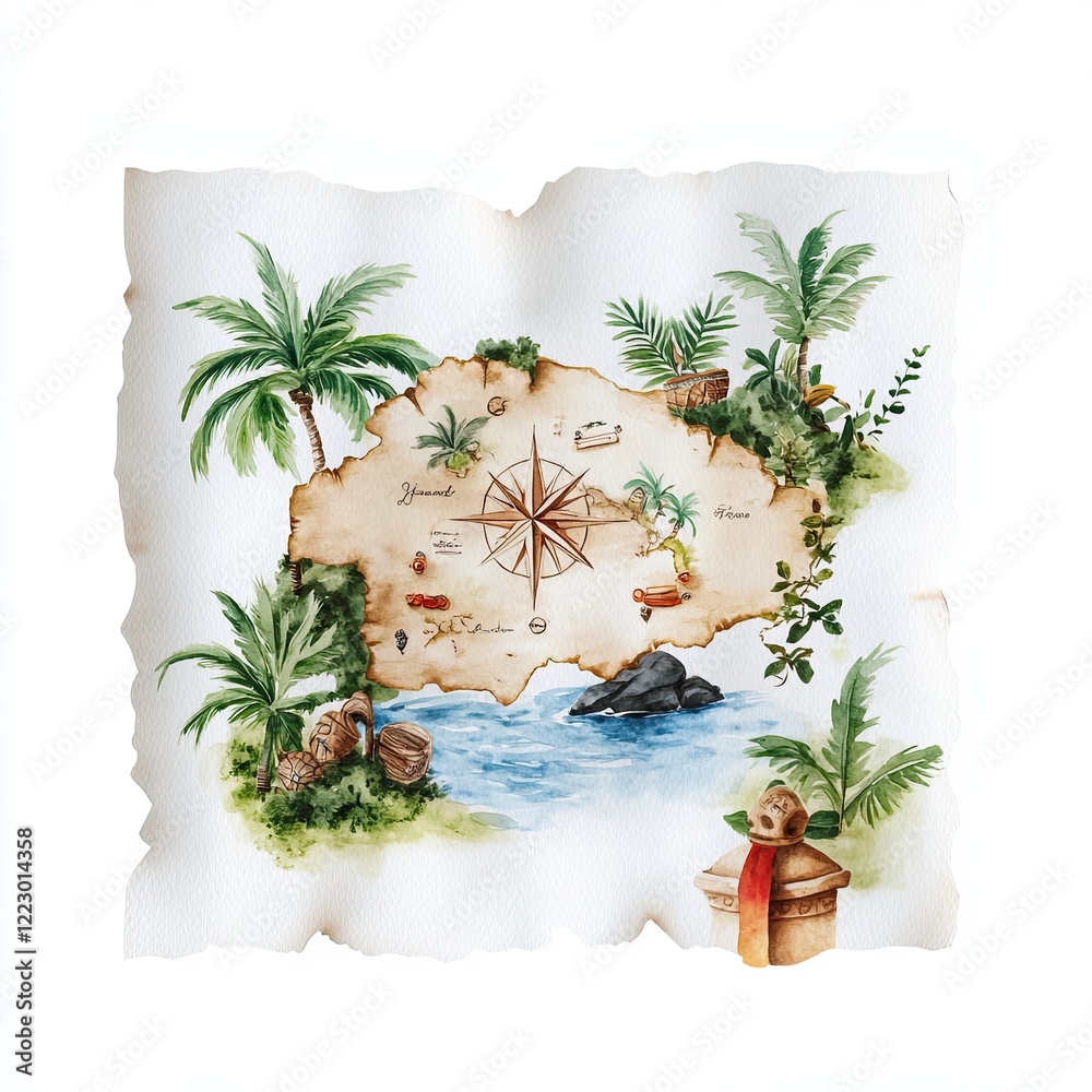 Vintage treasure map illustration with palm trees and ocean, watercolor ...