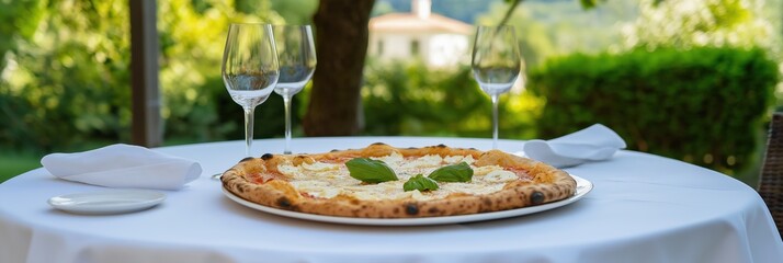 Wall Mural - A pizza is on a table with four wine glasses and a napkin. The table is set for a romantic dinner