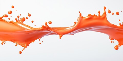 Poster - Vibrant orange paint splash with droplets against a clean white background, showcasing fluid motion and artistic expression.