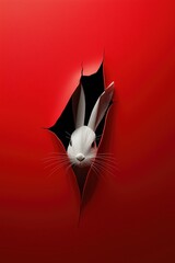 Poster - A stylized white rabbit peeking through a torn red surface, creating a striking contrast and playful visual effect.