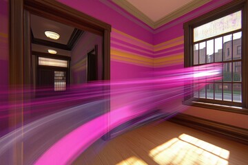Poster - A colorful room featuring pink walls and dynamic motion blur, creating a lively atmosphere with natural light streaming through the windows.