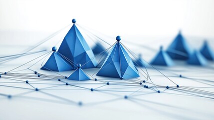 Poster - a collection of blue geometric pyramids connected by lines, creating an abstract representation of d