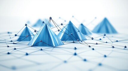 Poster - Abstract representation of blue triangular mountains connected by lines, symbolizing data networks and technology.