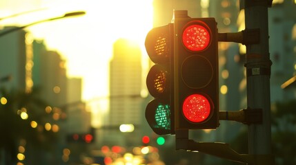 Aufkleber - A close-up shot of a traffic light displaying a vibrant red signal against a blurred city backdrop, highlighting its importance in traffic management