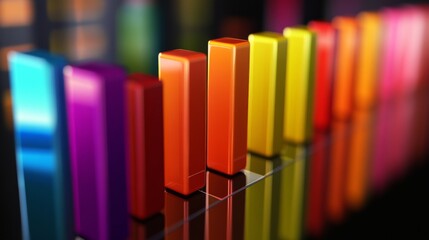 Poster - A colorful D bar chart with tall, glossy bars on a black reflective surface, with warm spotlighting to highlight each bar's shape and height