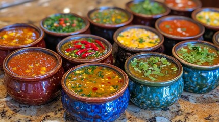 Poster - A colorful arrangement of chili sauces and pastes in small bowls, garnished with fresh herbs and sliced chilies, promoting a flavorful cooking atmosphere