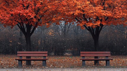 Autumn Park Scene with Benches Framed by Vibrant Red Trees