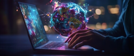 Poster - With a laptop and mobile phone, a man engages with internet network technology, exploring the realms of digital advancements and futuristic innovations