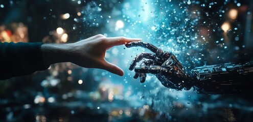 Fototapete - In a 3D render, a white cyborg finger is nearly in contact with a human finger