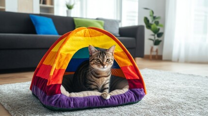 Poster - A colorful cat house shaped like a tent, with soft fabric and a cushioned interior, set on a plush carpet in a cheerful, cozy living room