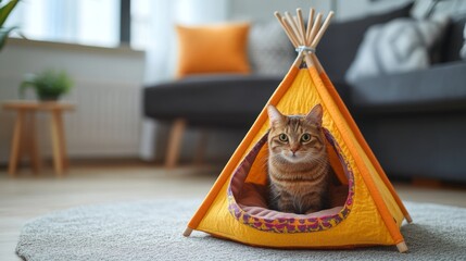 Poster - A colorful cat house shaped like a tent, with soft fabric and a cushioned interior, set on a plush carpet in a cheerful, cozy living room