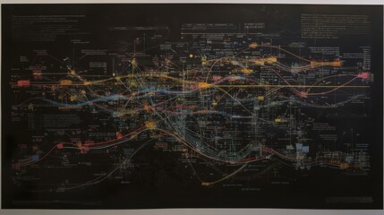 Aufkleber - A complex financial flowchart with interconnected graphs and data points, showcasing business relationships and financial statistics on a dark backdrop