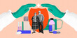 © master1305 - Doctors hands in gloves make shield above senior couple and medical tools, symbolizing health insurance and care for the elderly people. Conceptual art collage. Concept of medical insurance