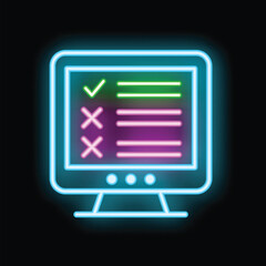Poster - vibrant neon sign depicts an online survey on a computer screen, featuring checkmarks and crosses, a