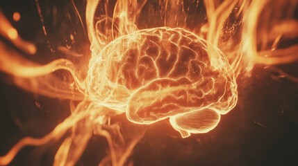 Poster - A creative composition of a brain surrounded by light trails, symbolizing electrical impulses and thought processes, set against a dark backdrop