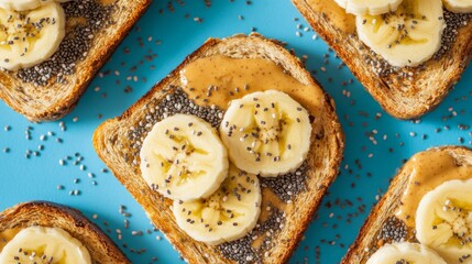 Poster - A delightful image of toast with peanut butter and banana slices, sprinkled with chia seeds, arranged on a bright background, promoting a healthy snack option