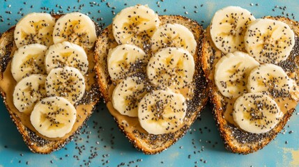 Poster - A delightful image of toast with peanut butter and banana slices, sprinkled with chia seeds, arranged on a bright background, promoting a healthy snack option