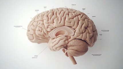 Poster - A detailed cross-sectional view of a human brain with labeled parts, set against a clean white background, emphasizing its complexity and functions