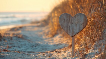 Poster - a minimalist wooden sign shaped like a heart standing beside a quiet beach path under soft golden light