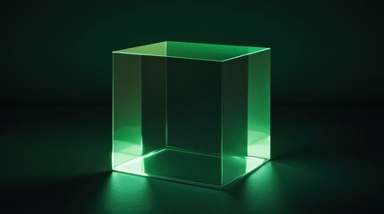 Poster - Illuminated transparent cube with green light effect in dark studio setting