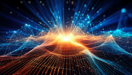 Poster - Stunning abstract image of a glowing, interconnected network forming dynamic, undulating landscapes.  Perfect for technology, data visualization, AI, and connectivity concepts.