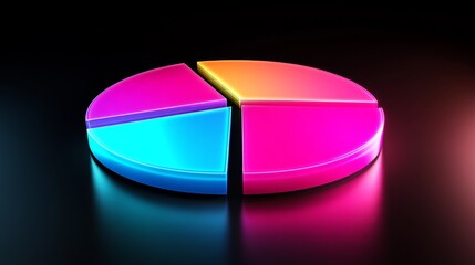 Poster - A digital-style pie chart in neon colors, with sections in pink, blue, and green, glowing against a black background for a high-tech finance look