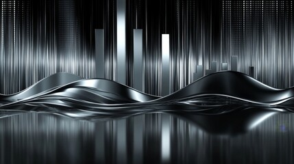 Poster - A digital bar graph with sleek, metallic colors, displayed on a black reflective background, with lines and highlights creating depth