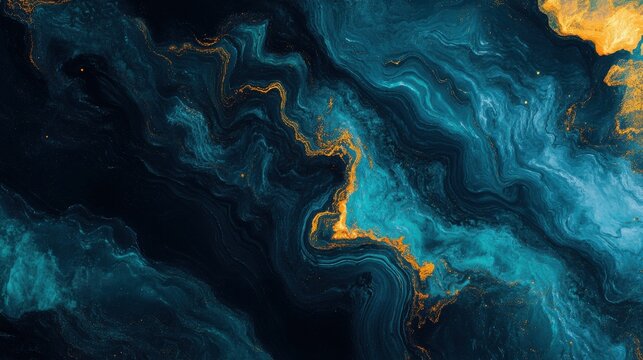 An abstract design of neon green and blue glowing waves set against a black background, blending subtle yellow accents