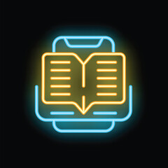 Canvas Print - Glowing neon line icon of an open book displayed over a smartphone, symbolizing online education