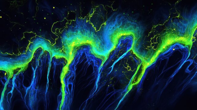 An abstract design of neon green and blue glowing waves set against a black background, blending subtle yellow accents