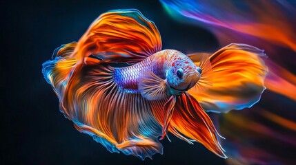Poster - A dramatic image of a betta fish flaring its fins, displaying its vibrant colors and aggressive posture, set against a dark background for high contrast