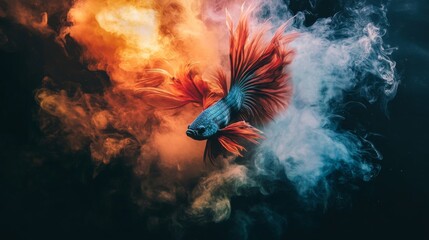 Poster - A dramatic image of a betta fish flaring its fins, displaying its vibrant colors and aggressive posture, set against a dark background for high contrast