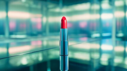 Aufkleber - A dramatic shot of a single lipstick tube standing upright on a mirrored surface, reflecting its bold color, surrounded by soft, ambient lighting