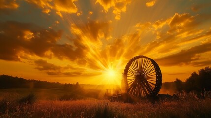 Aufkleber - A dramatic sunset view of a silhouetted water wheel against the horizon, with golden rays illuminating the surrounding landscape, creating a captivating atmosphere