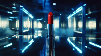 Aufkleber - A dramatic shot of a single lipstick tube standing upright on a mirrored surface, reflecting its bold color, surrounded by soft, ambient lighting