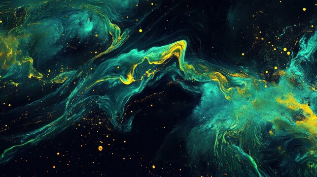An abstract design of neon green and blue glowing waves set against a black background, blending subtle yellow accents