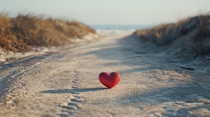 Poster - a single red heart stone lying in the center of a sandy road stretching toward the shoreline