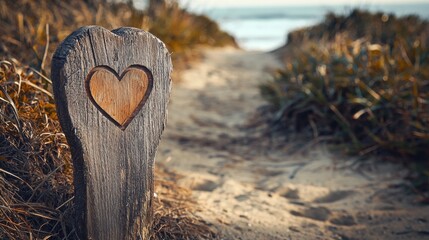 Poster - a small heart symbol carved into a wooden road marker beside a sandy trail leading to the ocean