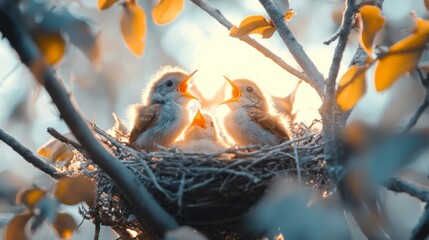 Fototapete - A dynamic photograph of a nest with baby birds chirping, framed by branches and leaves, capturing the lively atmosphere of a natural habitat
