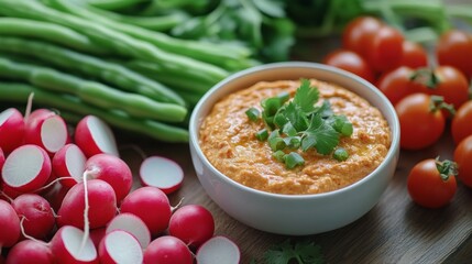 Poster - A dynamic shot showcasing a variety of fresh vegetables, such as radishes, green beans, and cherry tomatoes, beautifully arranged around a bowl of chili dip on a rustic table