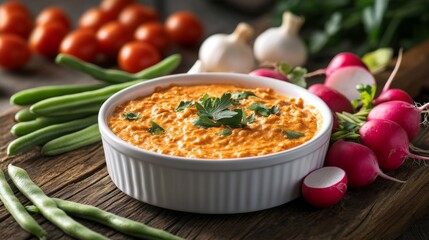 Poster - A dynamic shot showcasing a variety of fresh vegetables, such as radishes, green beans, and cherry tomatoes, beautifully arranged around a bowl of chili dip on a rustic table
