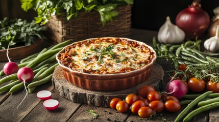 Poster - A dynamic shot showcasing a variety of fresh vegetables, such as radishes, green beans, and cherry tomatoes, beautifully arranged around a bowl of chili dip on a rustic table