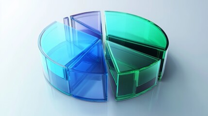 Fototapete - A financial pie chart with transparent D slices in blue and green hues, displayed on a light background, with each slice slightly separated for emphasis