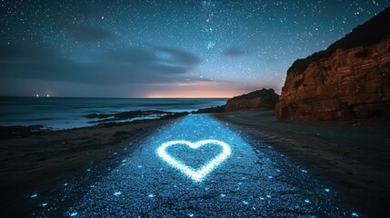 Poster - a glowing heart symbol projected onto the surface of a quiet coastal road under a star-filled sky